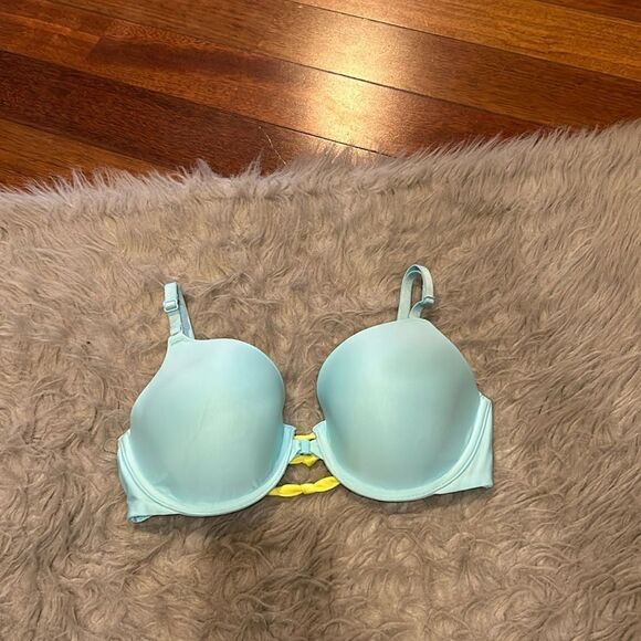 Victoria secret light blue and yellow lined perfect coverage front enclosure bra - Picture 1 of 5